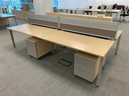 Maple 1600mm by 800 bench desks in singles 2s & 4s with matching mobile pedestal